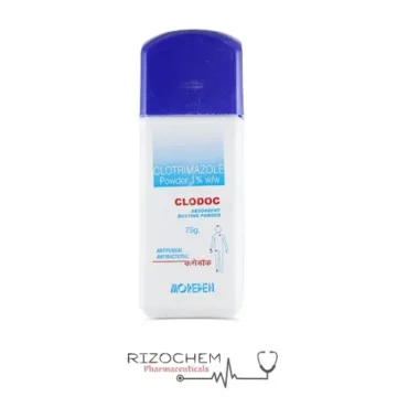 "Clotrimazole Dusting Powder 100gm – Antifungal Powder for Skin Infections by Rizochem Pharmaceuticals.