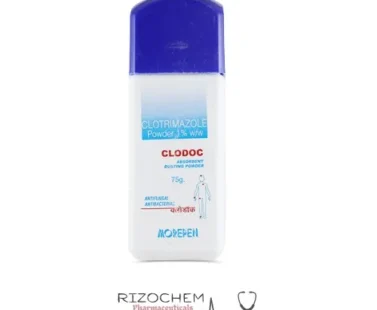 "Clotrimazole Dusting Powder 100gm – Antifungal Powder for Skin Infections by Rizochem Pharmaceuticals.