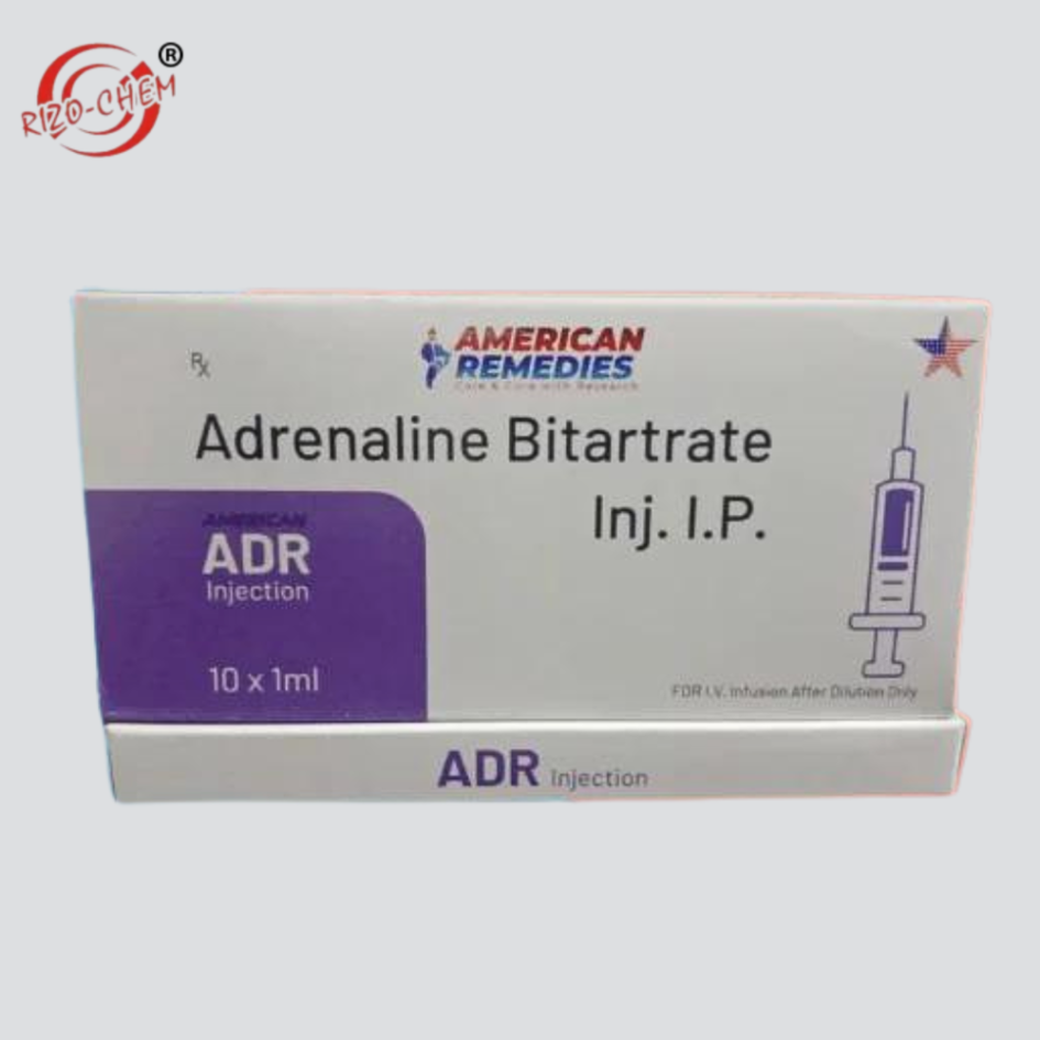 Adrenaline Bitartrate Injection - a medical product with the keyword 'Adrenaline Bitartrate Injection' highlighted on the packaging