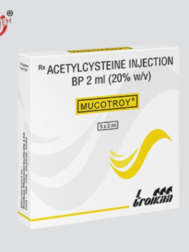 Image of Acetylcysteine Injection BP 2ml Mucotroy - a pharmaceutical product in a 2ml vial.