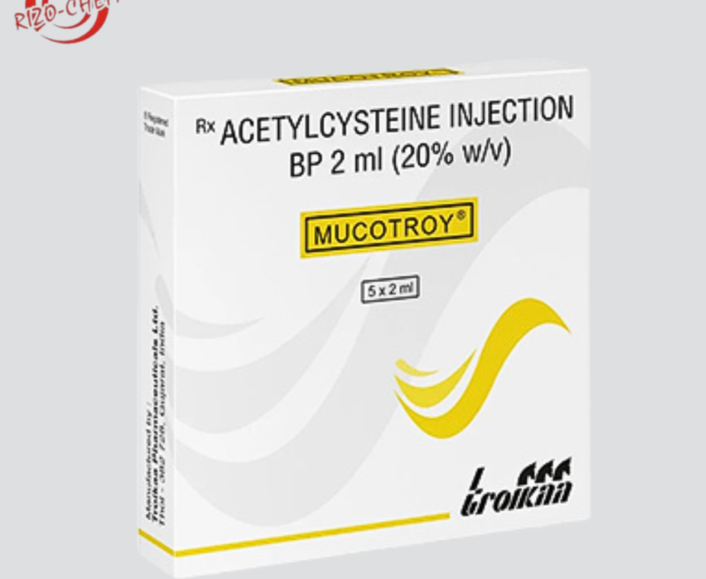 Image of Acetylcysteine Injection BP 2ml Mucotroy - a pharmaceutical product in a 2ml vial.
