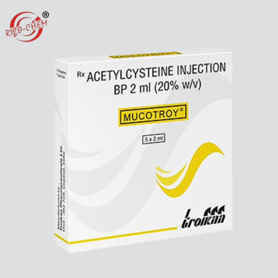 Image of Acetylcysteine Injection BP 2ml Mucotroy - a pharmaceutical product in a 2ml vial.
