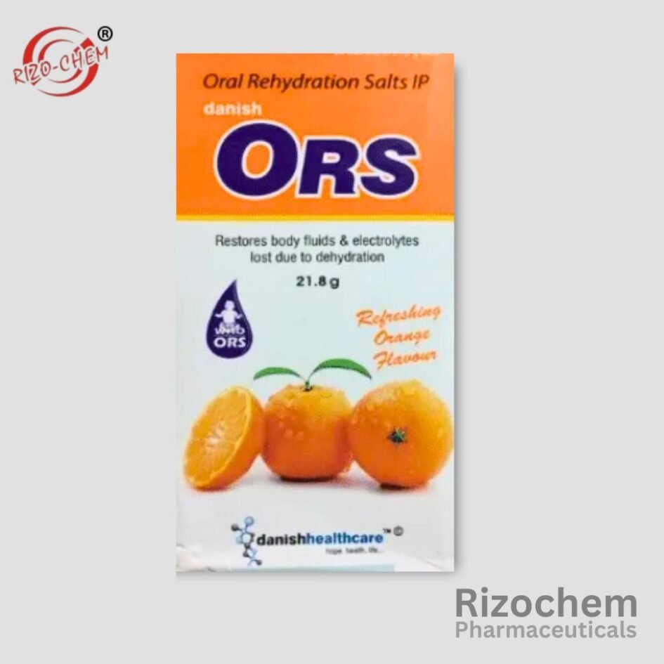 Image of Oral Rehydration Salts (ORS) sachets in vibrant packaging. ORS is an essential medical product used to prevent and treat dehydration, especially from diarrhea.