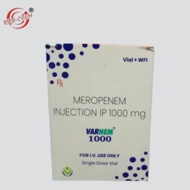 Photograph of a Meropenem Injection 1000 mg vial, a crucial antibiotic medication used for various infections.