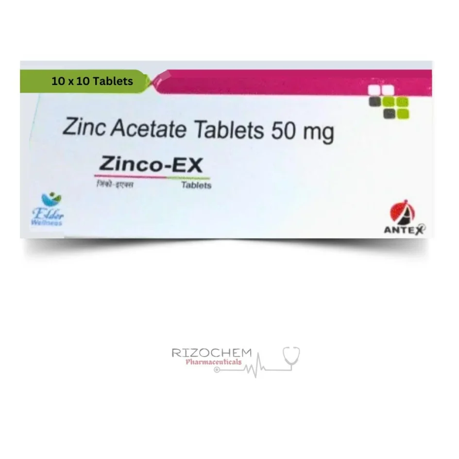 Zinc Acetate Tablets 50mg Zinco Ex - Essential mineral supplement by Rizochem Pharmaceuticals for supporting immune function and overall health.