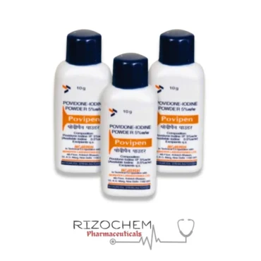 Povidone Iodine 5% w/w POVIPEN POWDER 10g by Rizochem Pharmaceuticals - antiseptic powder for treating minor wounds and skin infections.