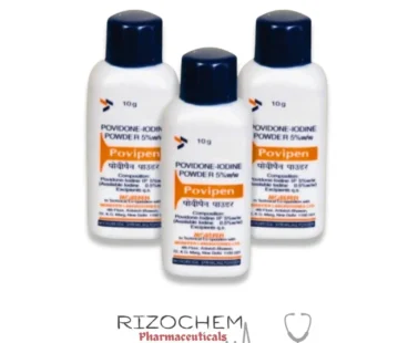 Povidone Iodine 5% w/w POVIPEN POWDER 10g by Rizochem Pharmaceuticals - antiseptic powder for treating minor wounds and skin infections.