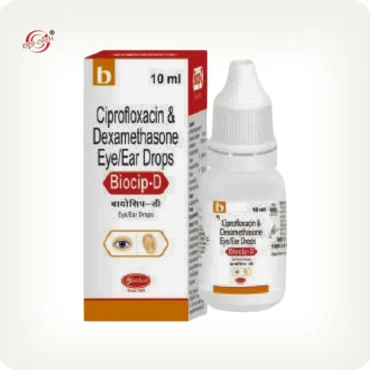 Biocip D Eye/Ear Drops containing Ciprofloxacin and Dexamethasone for effective treatment of eye and ear infections – 5ml bottle.