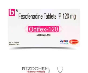 Fexofenadine HCl 120mg ODIFEX by Rizochem Pharmaceuticals - antihistamine tablet for allergy relief, treating hay fever and skin irritations.