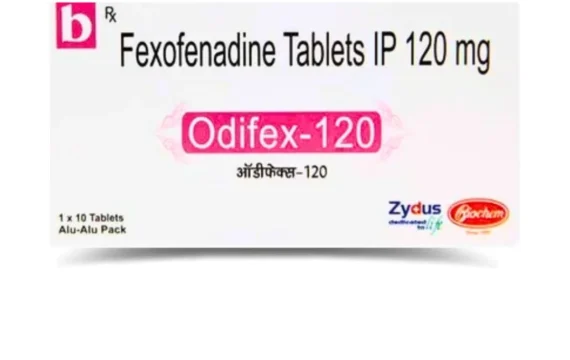 Fexofenadine HCl 120mg ODIFEX by Rizochem Pharmaceuticals - antihistamine tablet for allergy relief, treating hay fever and skin irritations.