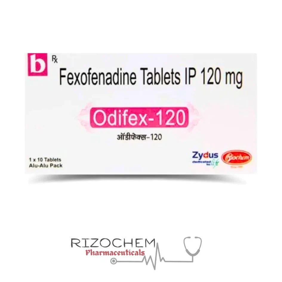 Fexofenadine HCl 120mg ODIFEX by Rizochem Pharmaceuticals - antihistamine tablet for allergy relief, treating hay fever and skin irritations.