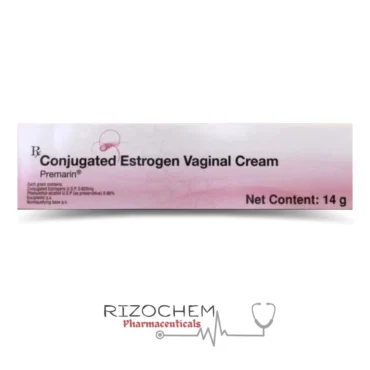 Premarin Vaginal Cream 0.625mg by Rizochem Pharmaceuticals, a hormone replacement cream for managing menopause symptoms and vaginal atrophy.