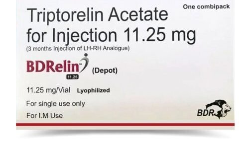 lose-up of Bdrelin 11.25mg Injection vial, used for treating hormone-related conditions, offered by Rizochem Pharmaceuticals Wholesaler & Exporter.