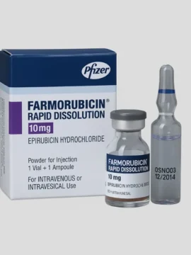 Farmorubicin RD 10 Injection containing Epirubicin Hydrochloride 10mg by Pfizer, shown with packaging box, vial, and ampoule, supplied by Rizochem Pharmaceuticals Exporter.