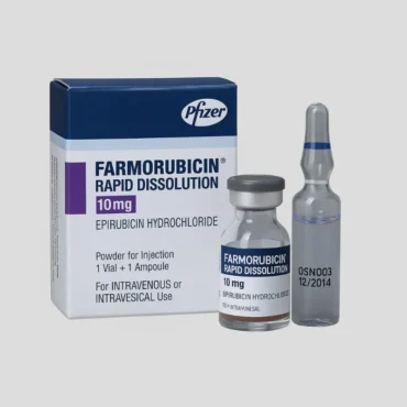 Farmorubicin RD 10 Injection containing Epirubicin Hydrochloride 10mg by Pfizer, shown with packaging box, vial, and ampoule, supplied by Rizochem Pharmaceuticals Exporter.