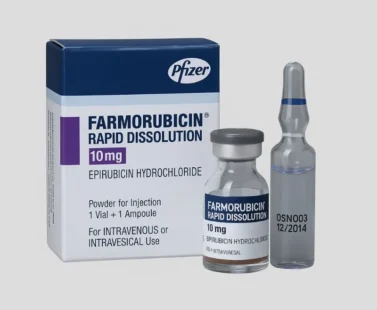 Farmorubicin RD 10 Injection containing Epirubicin Hydrochloride 10mg by Pfizer, shown with packaging box, vial, and ampoule, supplied by Rizochem Pharmaceuticals Exporter.