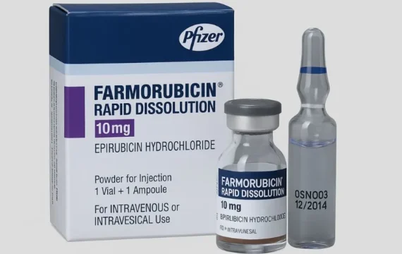 Farmorubicin RD 10 Injection containing Epirubicin Hydrochloride 10mg by Pfizer, shown with packaging box, vial, and ampoule, supplied by Rizochem Pharmaceuticals Exporter.