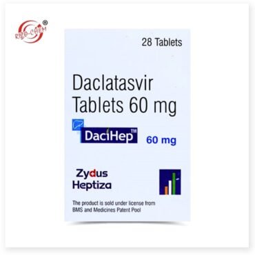 Image of Dacihep 60mg Tablet, a pharmaceutical product by Rizochem Pharmaceuticals, used for the treatment of hepatitis C. The tablet is round, scored for easy splitting, and features a distinct imprint for identification. Ideal for wholesalers and exporters in the pharmaceutical industry