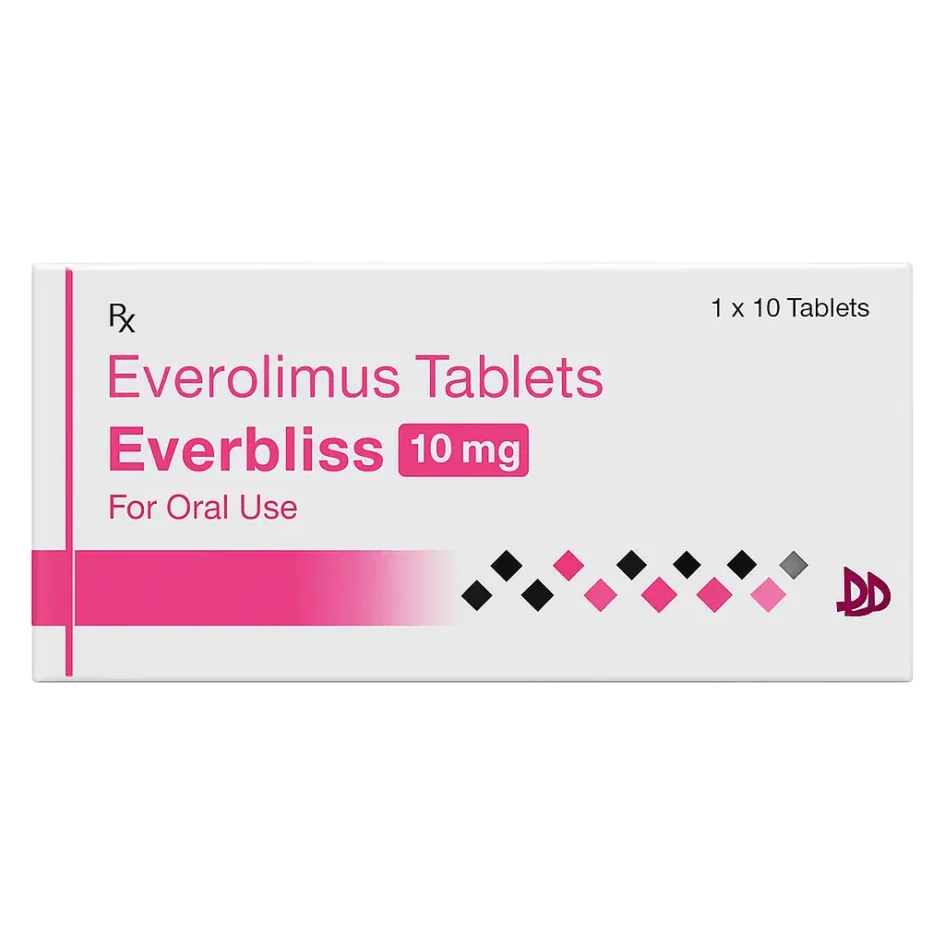 Everbliss 10mg Tablet—Everolimus-based medication used in cancer therapy and organ transplant rejection prevention, supplied by Rizochem Pharmaceuticals.