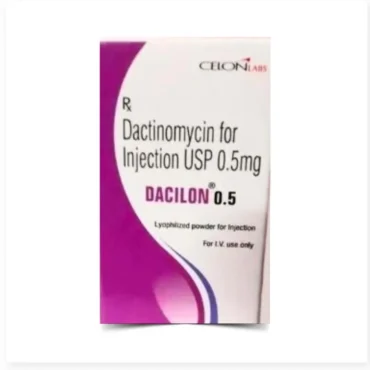 Dactino 0.5mg Injection – A chemotherapy drug containing Dactinomycin, used for treating Wilms' tumor, Ewing's sarcoma, and other cancers. Available for export from Rizochem Pharmaceuticals.