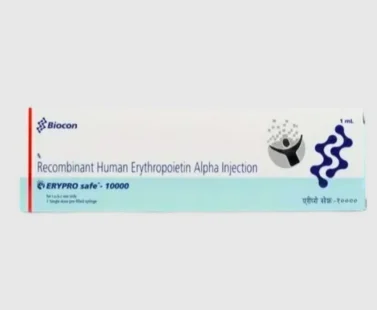 Erypro Safe 10000IU Injection – Erythropoietin injection used to manage anemia in patients with chronic kidney disease or undergoing chemotherapy, supplied by Rizochem Pharmaceuticals.