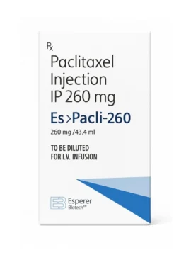 Es Pacli 260mg Injection – Paclitaxel-based chemotherapy injection for the treatment of breast, ovarian, and lung cancers, supplied by Rizochem Pharmaceuticals.