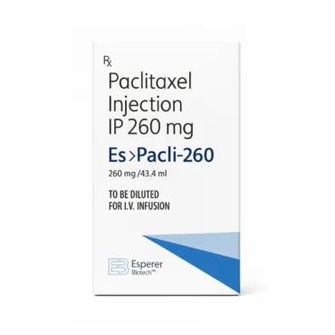 Es Pacli 260mg Injection – Paclitaxel-based chemotherapy injection for the treatment of breast, ovarian, and lung cancers, supplied by Rizochem Pharmaceuticals.