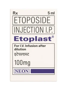 Etoplast Etoposide 100mg Injection – Anticancer medication used for treating lung cancer, testicular cancer, and other malignancies, available from Rizochem Pharmaceuticals.