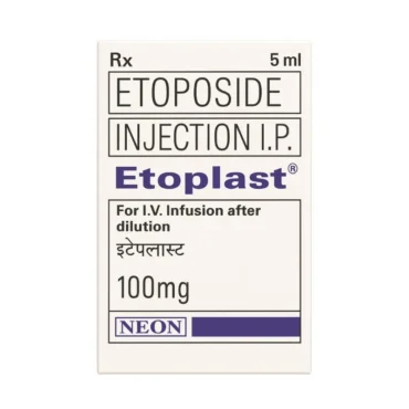 Etoplast Etoposide 100mg Injection – Anticancer medication used for treating lung cancer, testicular cancer, and other malignancies, available from Rizochem Pharmaceuticals.
