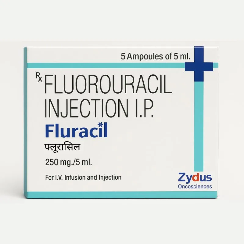 Fluracil 250mg Injection vial containing fluorouracil, an anticancer chemotherapy drug, offered by Rizochem Pharmaceuticals Wholesaler & Exporter