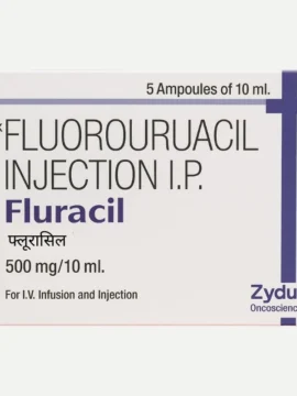 Fluracil 250mg Injection vial containing fluorouracil, an anticancer chemotherapy drug, offered by Rizochem Pharmaceuticals Wholesaler & Exporter.