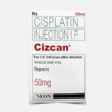 "Cizcan Cisplatin 50mg Injection – A platinum-based chemotherapy drug used for treating lung, ovarian, bladder, and other cancers. Available for export from Rizochem Pharmaceuticals."