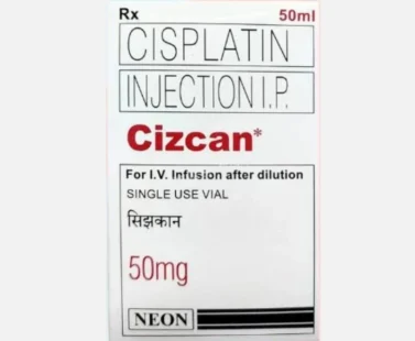 "Cizcan Cisplatin 50mg Injection – A platinum-based chemotherapy drug used for treating lung, ovarian, bladder, and other cancers. Available for export from Rizochem Pharmaceuticals."