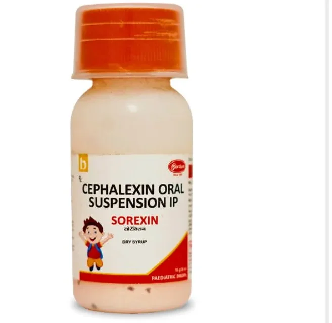 Packaging of Sorexin Cefalexin 125mg Dry Syrup for bacterial infection treatment by Rizochem Pharmaceuticals.