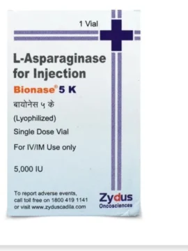Bionase Asparaginase 5000IU Injection vial, an effective chemotherapy medication for leukemia treatment, available at Rizochem Pharmaceuticals Wholesaler & Exporter.
