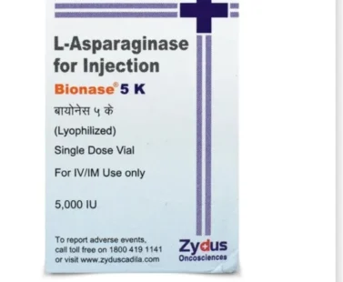 Bionase Asparaginase 5000IU Injection vial, an effective chemotherapy medication for leukemia treatment, available at Rizochem Pharmaceuticals Wholesaler & Exporter.
