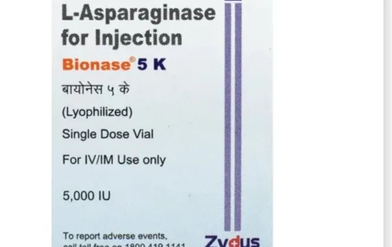 Bionase Asparaginase 5000IU Injection vial, an effective chemotherapy medication for leukemia treatment, available at Rizochem Pharmaceuticals Wholesaler & Exporter.