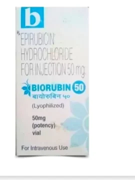 Biorubin 50mg Injection, a chemotherapy medication offered by Rizochem Pharmaceuticals Wholesaler & Exporter, used in cancer treatment. Packaged vial with clear labeling.