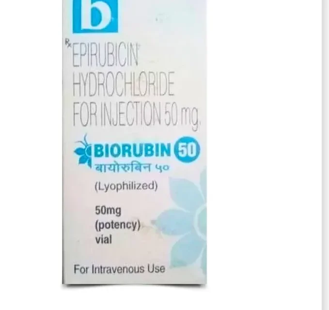 Biorubin 50mg Injection, a chemotherapy medication offered by Rizochem Pharmaceuticals Wholesaler & Exporter, used in cancer treatment. Packaged vial with clear labeling.