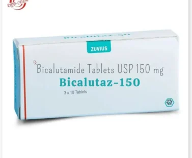 Close-up of Bicalutaz 150mg Tablet by Rizochem Pharmaceuticals, a white round tablet used for prostate cancer treatment, displayed in blister packaging.