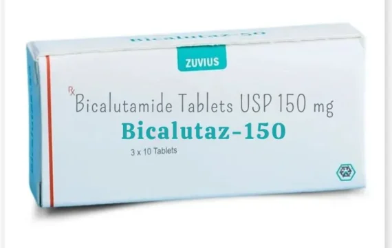 Close-up of Bicalutaz 150mg Tablet by Rizochem Pharmaceuticals, a white round tablet used for prostate cancer treatment, displayed in blister packaging.