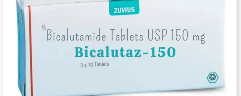 Close-up of Bicalutaz 150mg Tablet by Rizochem Pharmaceuticals, a white round tablet used for prostate cancer treatment, displayed in blister packaging.