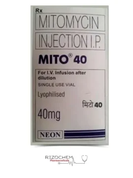 Vial of Mito-Mitomycin 40mg Injection, an anticancer medication used in chemotherapy treatments to inhibit cancer cell growth.