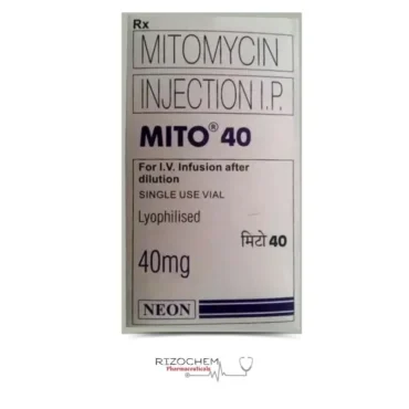 Vial of Mito-Mitomycin 40mg Injection, an anticancer medication used in chemotherapy treatments to inhibit cancer cell growth.