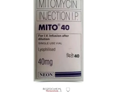 Vial of Mito-Mitomycin 40mg Injection, an anticancer medication used in chemotherapy treatments to inhibit cancer cell growth.