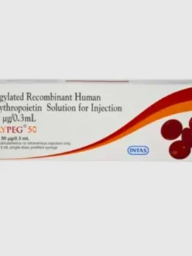 Erypeg 50mcg Infusion – Erythropoietin-based therapy used to treat anemia associated with chronic kidney disease or chemotherapy, supplied by Rizochem Pharmaceuticals.