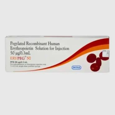 Erypeg 50mcg Infusion – Erythropoietin-based therapy used to treat anemia associated with chronic kidney disease or chemotherapy, supplied by Rizochem Pharmaceuticals.