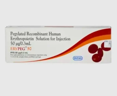 Erypeg 50mcg Infusion – Erythropoietin-based therapy used to treat anemia associated with chronic kidney disease or chemotherapy, supplied by Rizochem Pharmaceuticals.