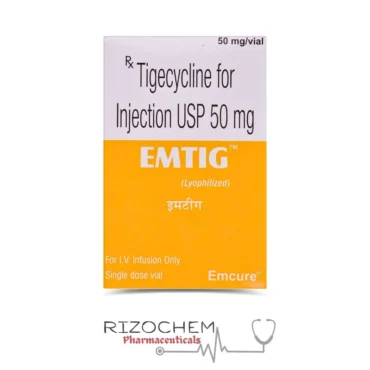 Image of Emtig Tigecycline 50mg Injection by Rizochem Pharmaceuticals, a leading wholesaler and exporter of pharmaceutical products.