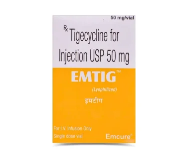 Image of Emtig Tigecycline 50mg Injection by Rizochem Pharmaceuticals, a leading wholesaler and exporter of pharmaceutical products.